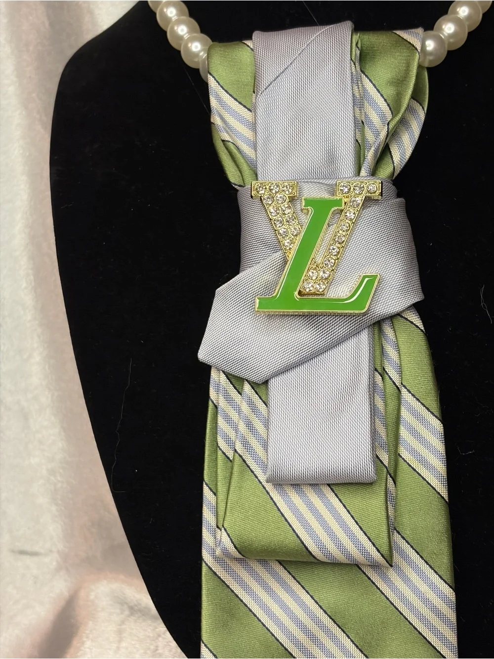 Tommy Hilfiger Green and Light Gray Striped Silk Scarf Tie Accent
